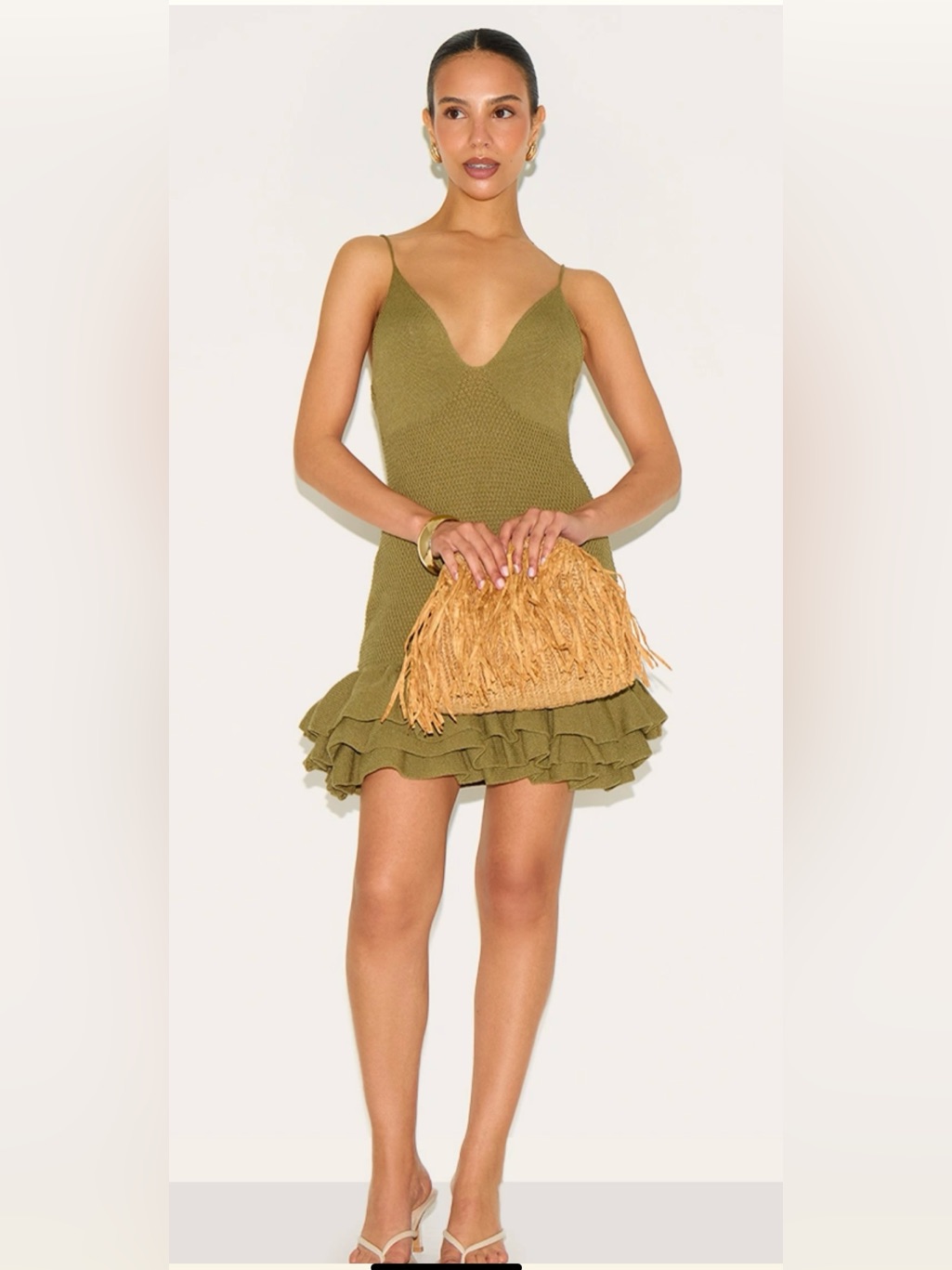 Chic Olive Green Ruffle Hem Knit Mini Dress